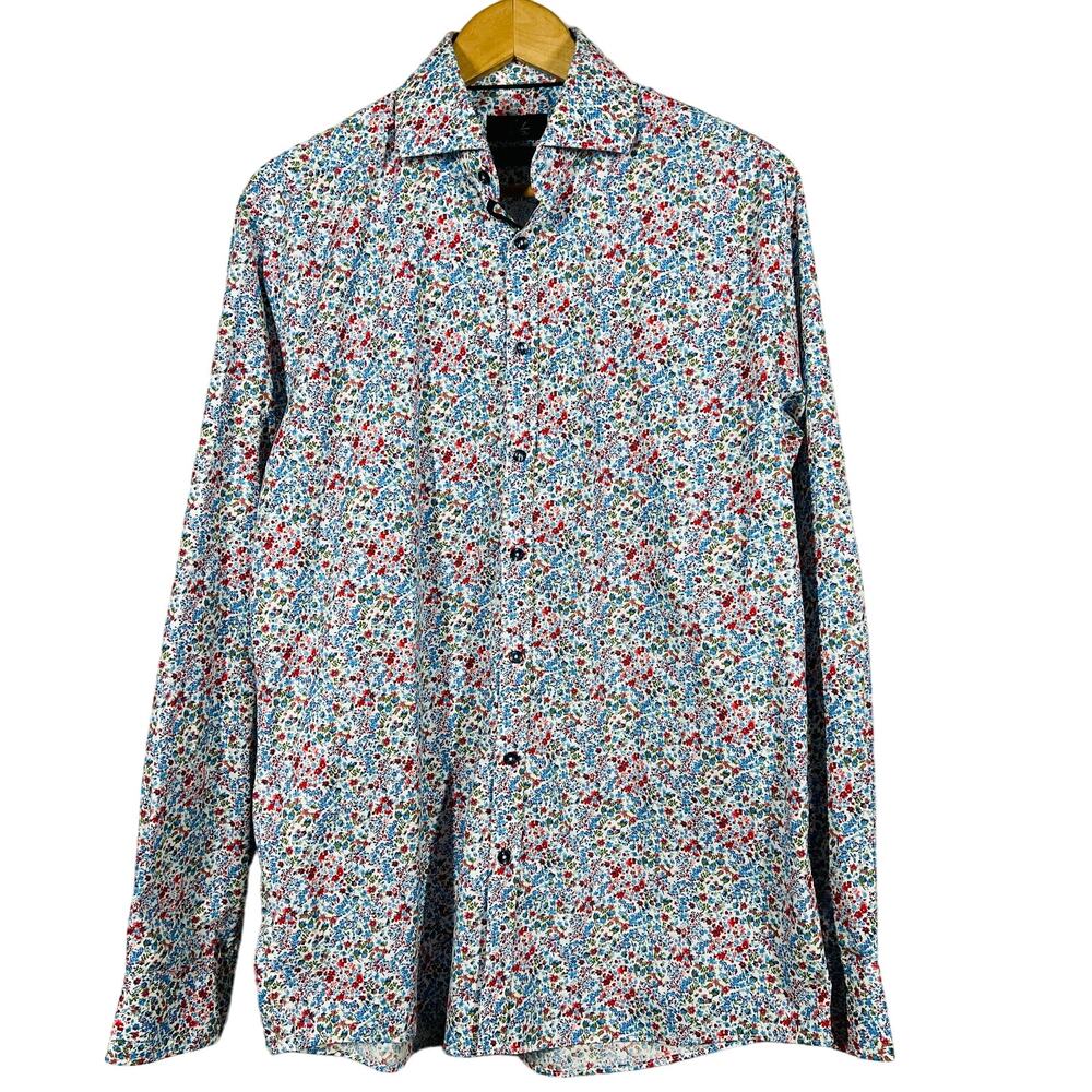 Suitor Button Up Shirt Custom Micro Floral Print Long Sleeve Red Blue - 42